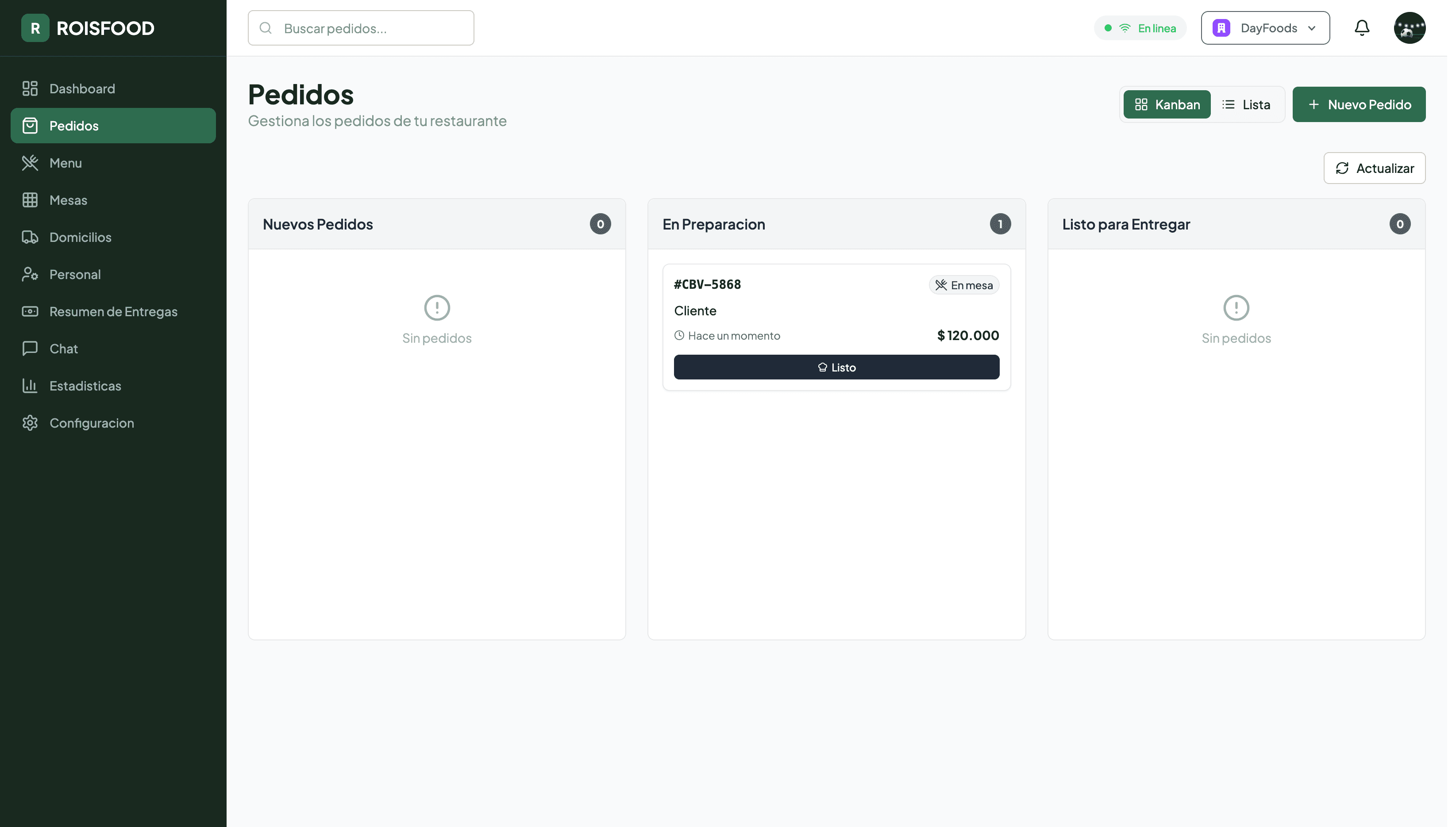 Dashboard admin - control de pedidos en tiempo real